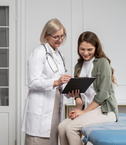 Medium shot smiley doctor and patient chatting